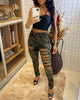 Chicme- Camouflage Print Fringe Hem Cutout Jeans