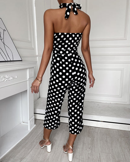 Chicme- Polkadot Print Halter Backless Wide Leg Jumpsuit