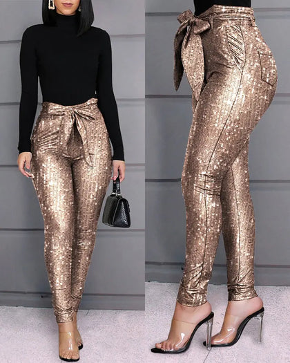 Chicme- New High Waist Tied Detail Sequins Skinny Pants