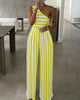 Chicme- One Shoulder Striped Colorblock Jumpsuit