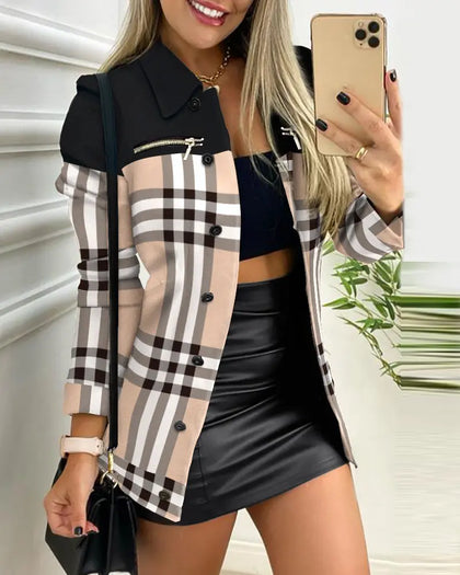 Chicme- Plaid Print Button Front Long Sleeve Coat