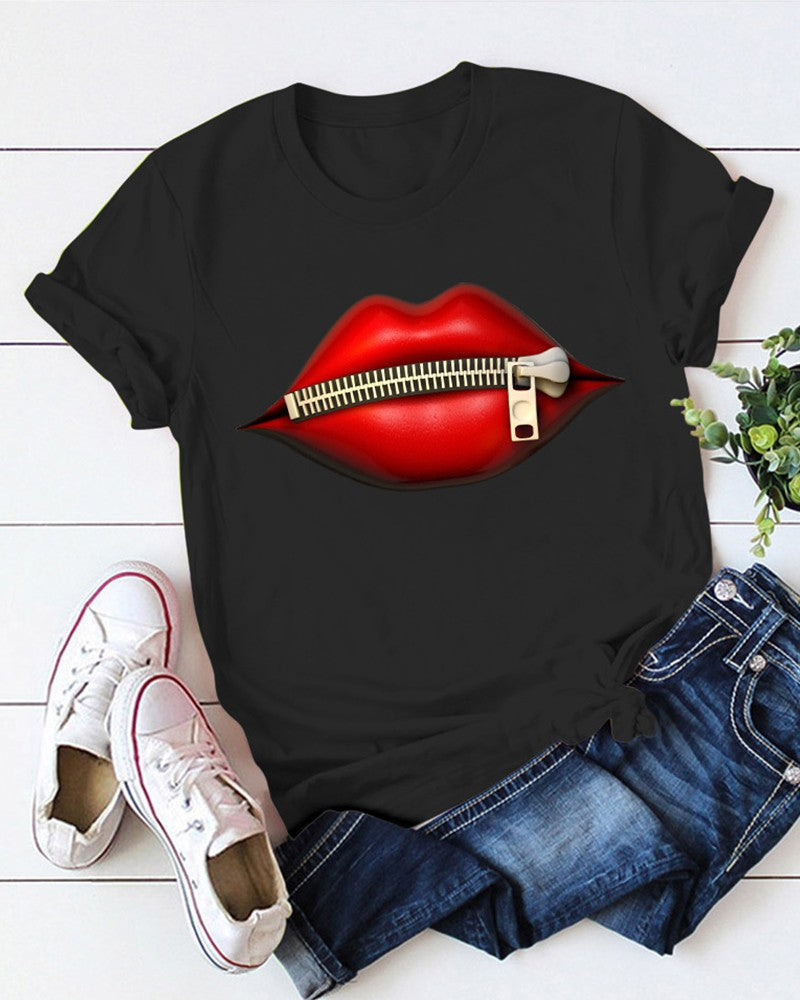 Chicme- Zipper Lip Print Short Sleeve T-Shirt