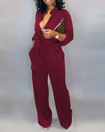 Chicme- Solid Buttoned Pocket Casual Jumpsuit (RED)