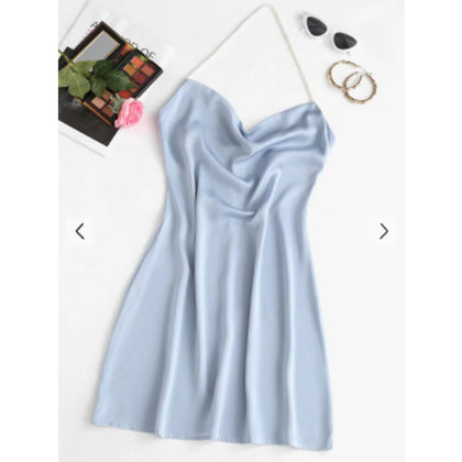 Zaful- Faux Pearl Halter Mini Party Dress - Light Blue