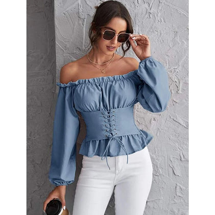 Romwe- Off Shoulder Shirred Back Corset Lace Up Peplum Top