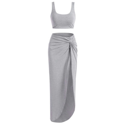 Zaful- Marled Tank Top And Twist High Slit Skirt Set - Gray