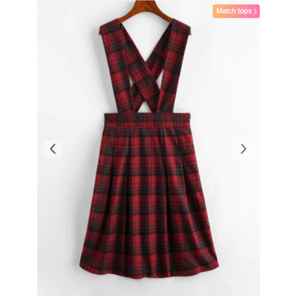 Zaful- Plaid Tartan Criss Cross Suspender Pleated Skirt - Red