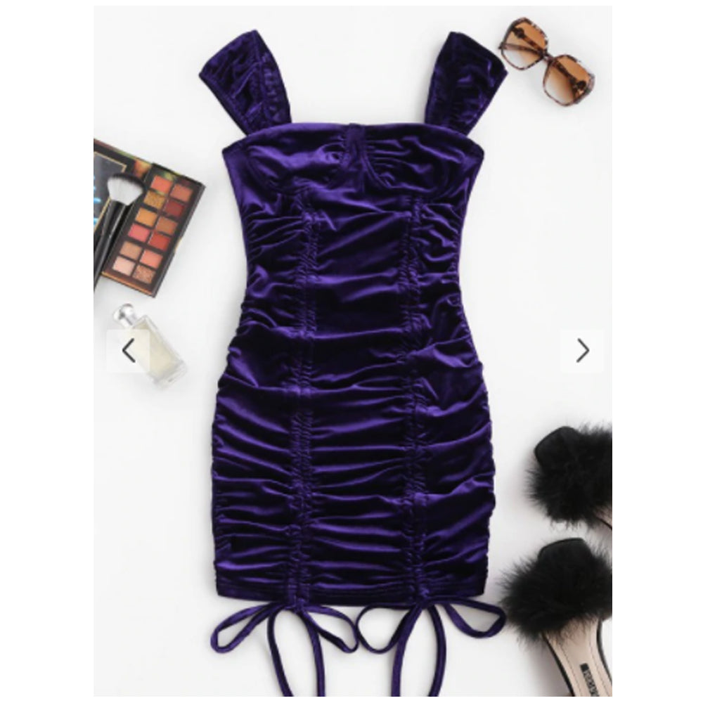 Zaful- Cinched Velvet Mini Bodycon Dress - Purple