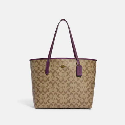 Coach- City Tote In Signature Canvas (Im/Khaki/Boysenberry)