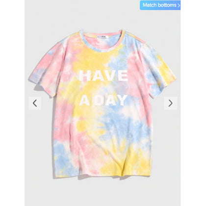 Zaful- Tie Dye Letters Print Slogan T-shirt - Yellow