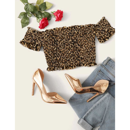 Romwe- Leopard Print Bardot Shirred Frill Trim Top