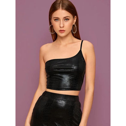 Romwe- One Shoulder Crocodile Embossed Crop Top