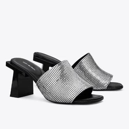 Tory Burch- Block T Chainmail Mule Sandal - Silver / Perfect Black