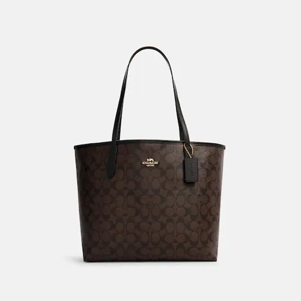 Coach- Zip Top Tote In Signature Canvas - Gold/Brown Black – Amreki
