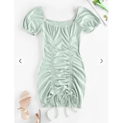 Zaful- Ribbed Cinched Bodycon Mini Dress - Light Green