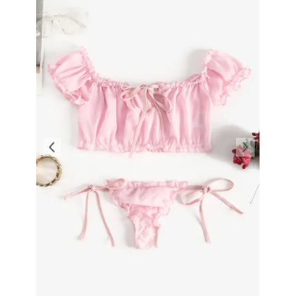 Zaful- Chiffon Frilled Tied Sheer Lingerie Set - Light Pink