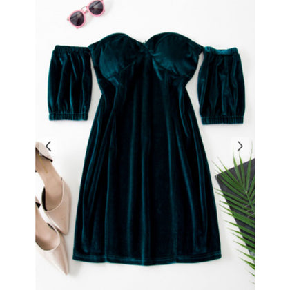 Zaful- Sweetheart Off Shoulder Velvet Slinky Bodycon Dress - Deep Green