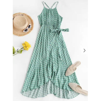 Zaful- Polka Dot Ruffles Tie Waist Midi Dress - Green S