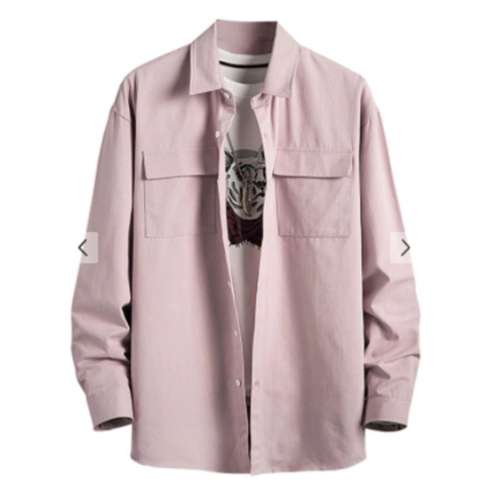 Zaful- Plain Flap Pocket Basic Shirt - Pink
