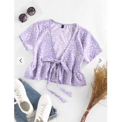 Zaful-  Ditsy Floral Plunge Tie Peplum Blouse - Light Purple