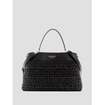 Guess- Liguria Crochet Straw Satchel (Black Floral Print)