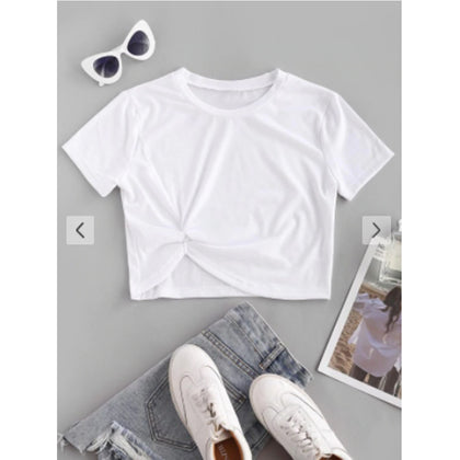 Zaful- Twisted Short Sleeve Crop Tee - White