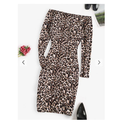 Zaful- Leopard Ruched Off Shoulder Bodycon Dress - Black