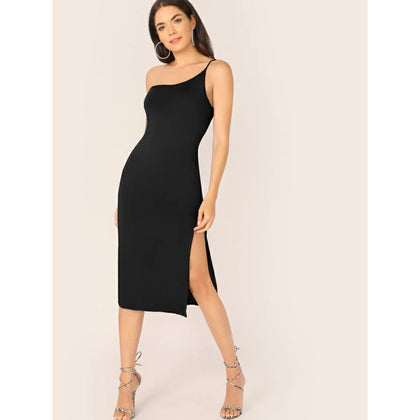 Romwe- One Shoulder Split Thigh Form Fitted Dress