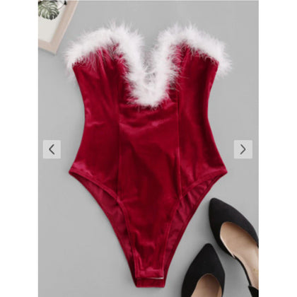 Zaful-  Faux Feather Lace Up Velvet V Wired Bandeau Bodysuit - Red