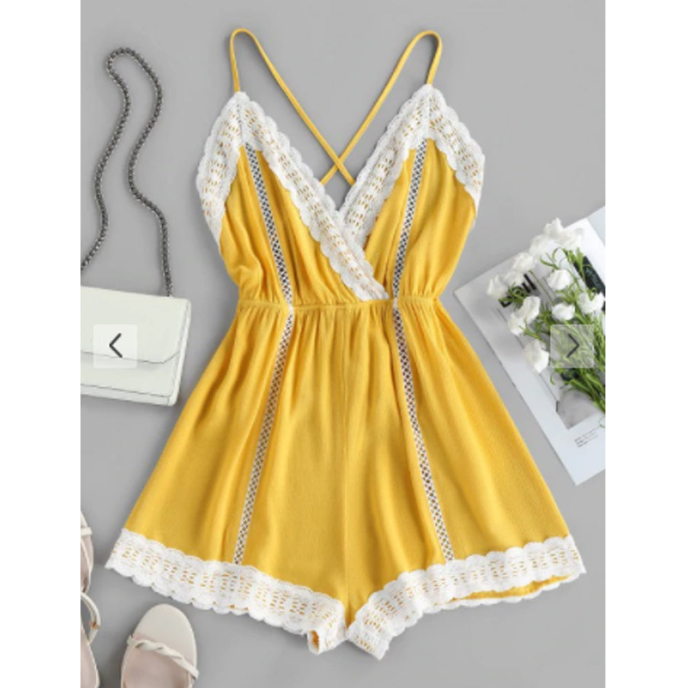 Zaful- Lace Insert Hollow Out Crisscross Backless Romper - Goldenrod