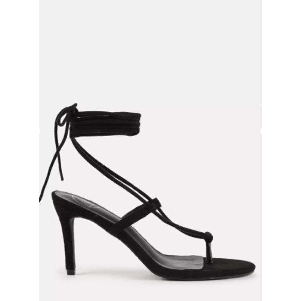Missguided- Black Faux Suede Tie Up Mid Heel Sandals