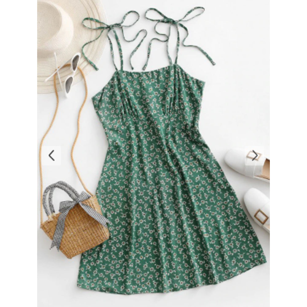 Zaful- Tie Shoulder Tiny Floral Mini Dress - Sea Turtle Green