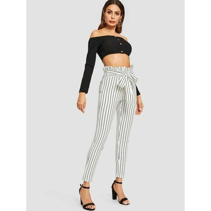 Romwe- Frill Trim Bow Tie Waist Striped Pants