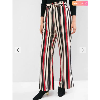 Zaful- Striped Palazzo Paperbag Pants - Multi-a