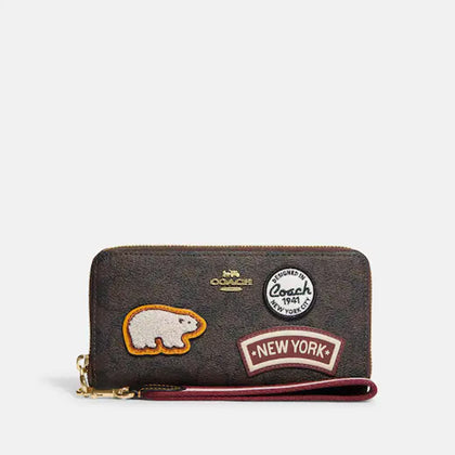 Coach- Long Zip Around Wallet In Signature Canvas With Ski Patches (Gold/Brown Black Multi)