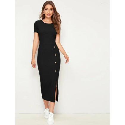 Romwe- Button Detail Split Hem Rib-knit Dress