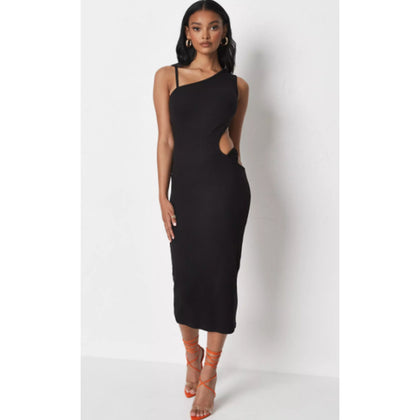 Missguided- Black Rib Cut Out Thong Detail Midaxi Dress