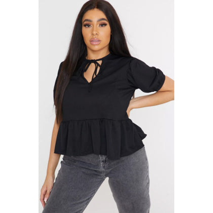 Missguided- Plus Size Black Tie Front Peplum Top