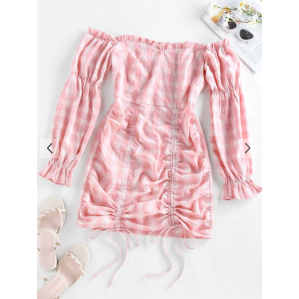 Zaful- Off Shoulder Cinched Plaid Mini Dress - Pink