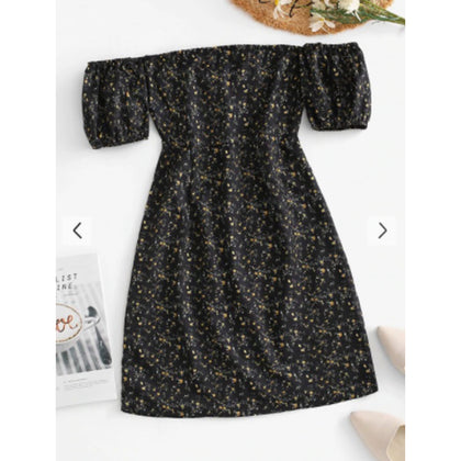 Zaful- Ties Open Back Off Shoulder Ditsy Floral Dress - Black