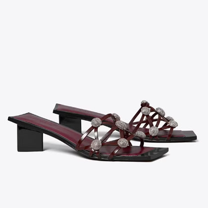 Tory Burch- Crystal Bobble Heeled Mule Sandal - Plum / Plum