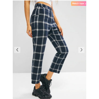 Zaful- Plaid Flannel High Waisted Pocket Pants - Dark Slate Blue