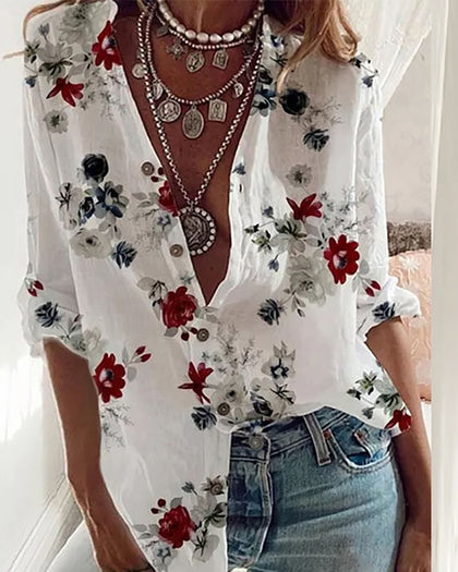 Chicme- Floral Print Long Sleeve Button Front Shirt