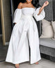 Chicme- Off Shoulder Lantern Sleeve Wide Leg Jumpsuit (WHITE)