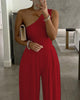 Chicme- One Shoulder Ruched Wide Leg Jumpsuit (RED)