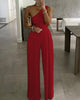 Chicme- One Shoulder Ruched Wide Leg Jumpsuit (RED)