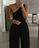 Chicme- One Shoulder Ruched Wide Leg Jumpsuit (BLACK)