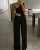 Chicme- One Shoulder Ruched Wide Leg Jumpsuit (BLACK)