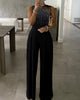 Chicme- Studded Cutout Ruched Wide Leg Jumpsuit (BLACK)