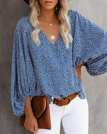 Chicme- All Over Print Surplice Neck Lantern Sleeve Blouse